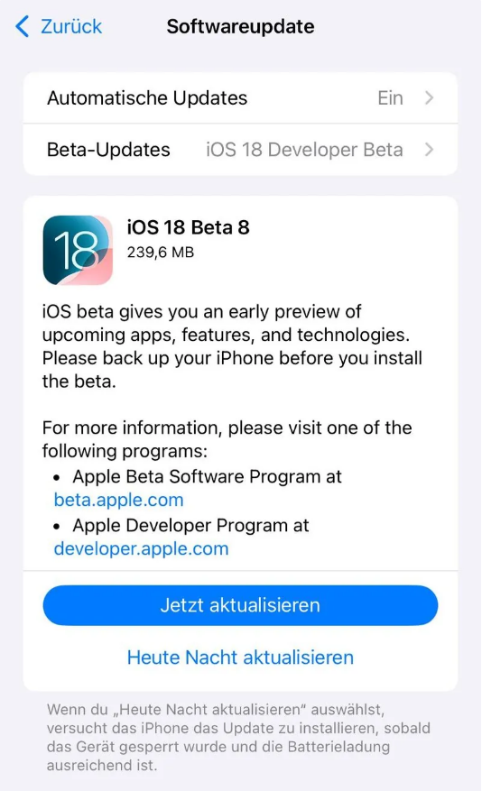 来凤苹果手机维修分享苹果 iOS / iPadOS 18 开发者预览版 Beta 8 发布 